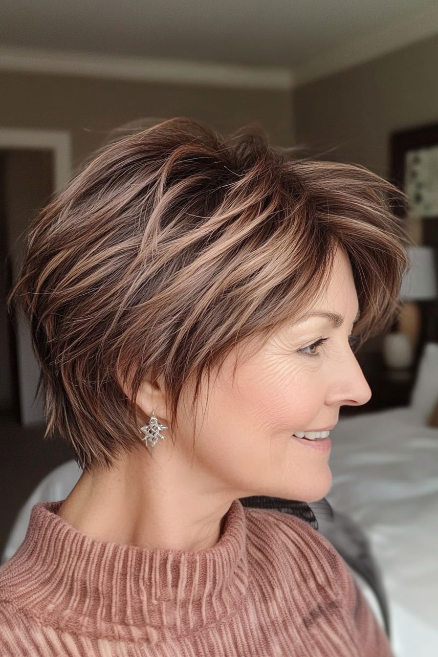Dark Brown Pixie With Caramel Highlights Dark Brown Pixie With Caramel Highlights — Highlights Over 60