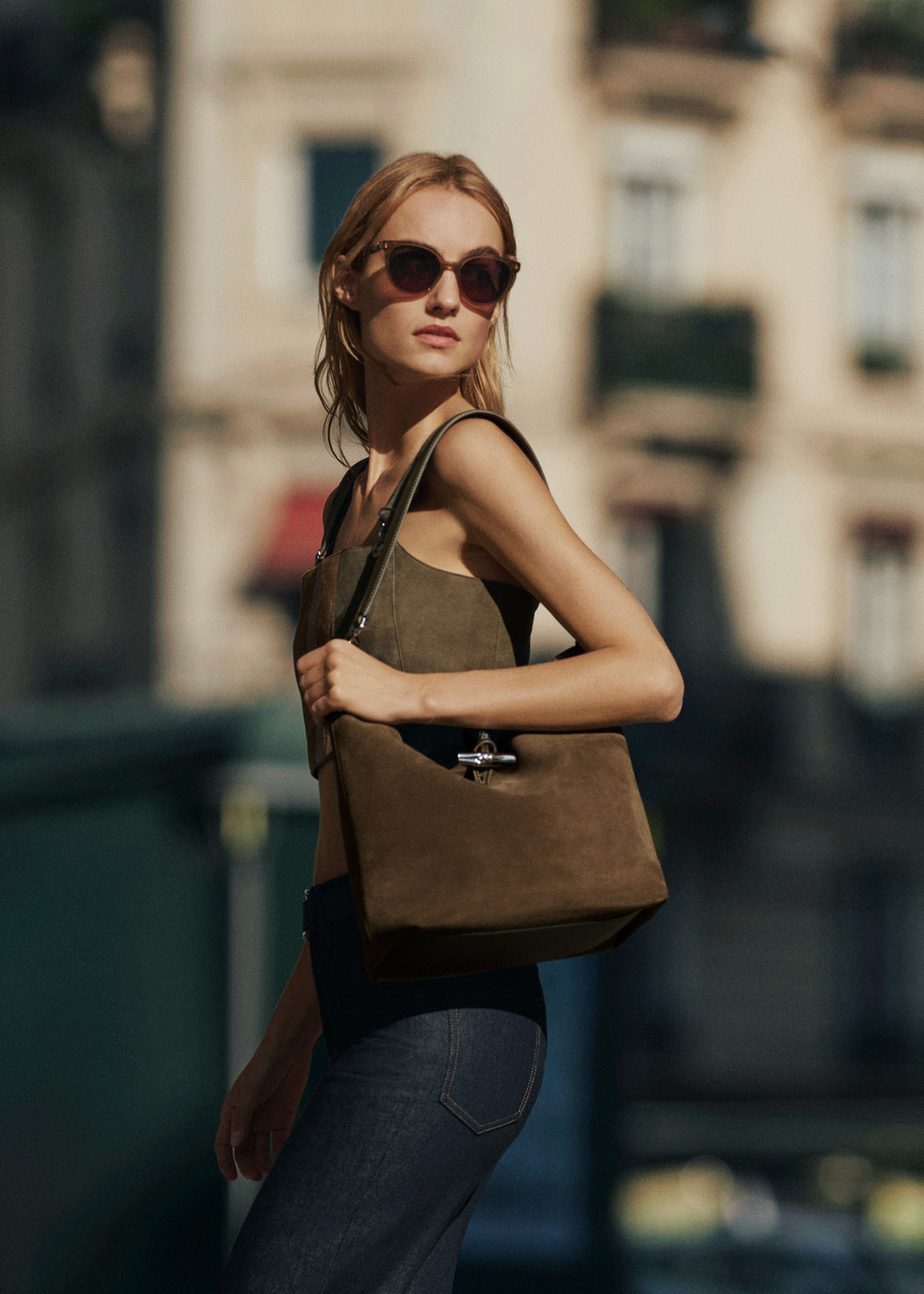 Urban Cool: Olive Green Suede Shoulder Bag — Longchamp Bag Outfits