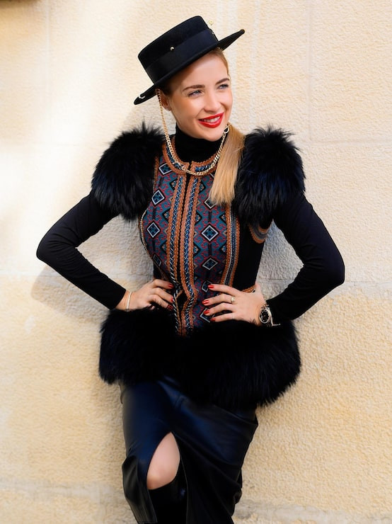 Turtleneck, Fur-Trimmed Vest, and Leather Skirt Ensemble — Casino Outfits