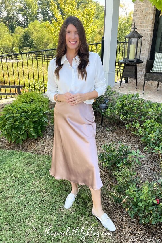 Rose Gold Satin Midi Skirt with White Shirt and Loafers Rose Gold Satin Midi Skirt with White Shirt and Loafers — Satin Skirt Outfits