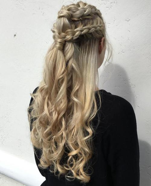 Half-Up Crown Braids With Loose Curls — Dragon Braid