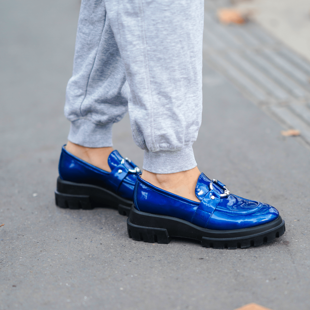 Statement Blue Loafers with Grey Sweatpants — Chunky Loafers Outfits