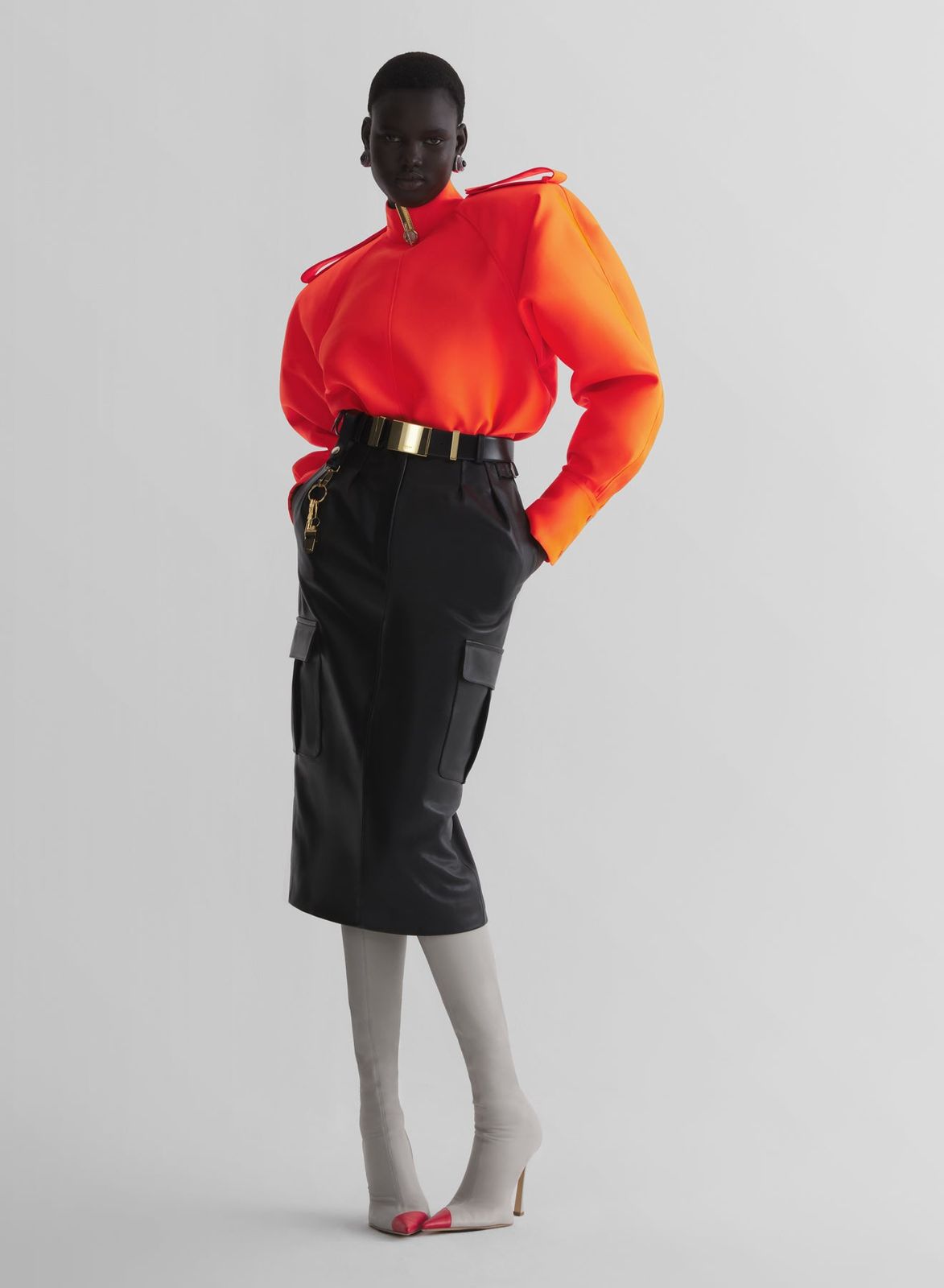 Black Leather Cargo Midi Skirt with Structured Top — Cargo Skirt Outfits