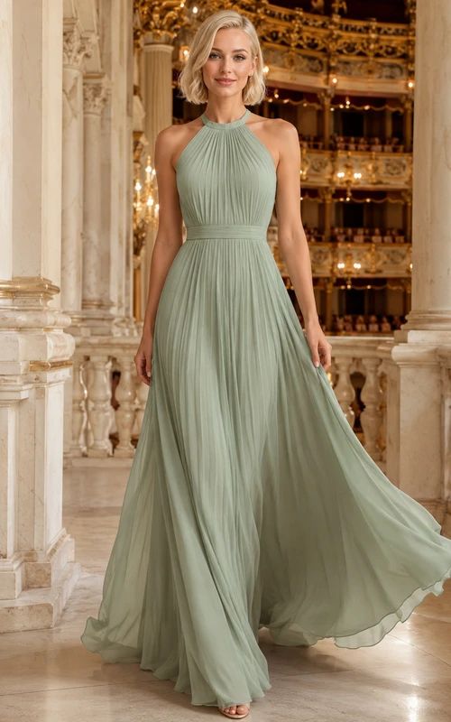 Sage Green Chiffon Halter Neck Maxi Dress with Empire Waist — Semi Formal Dresses