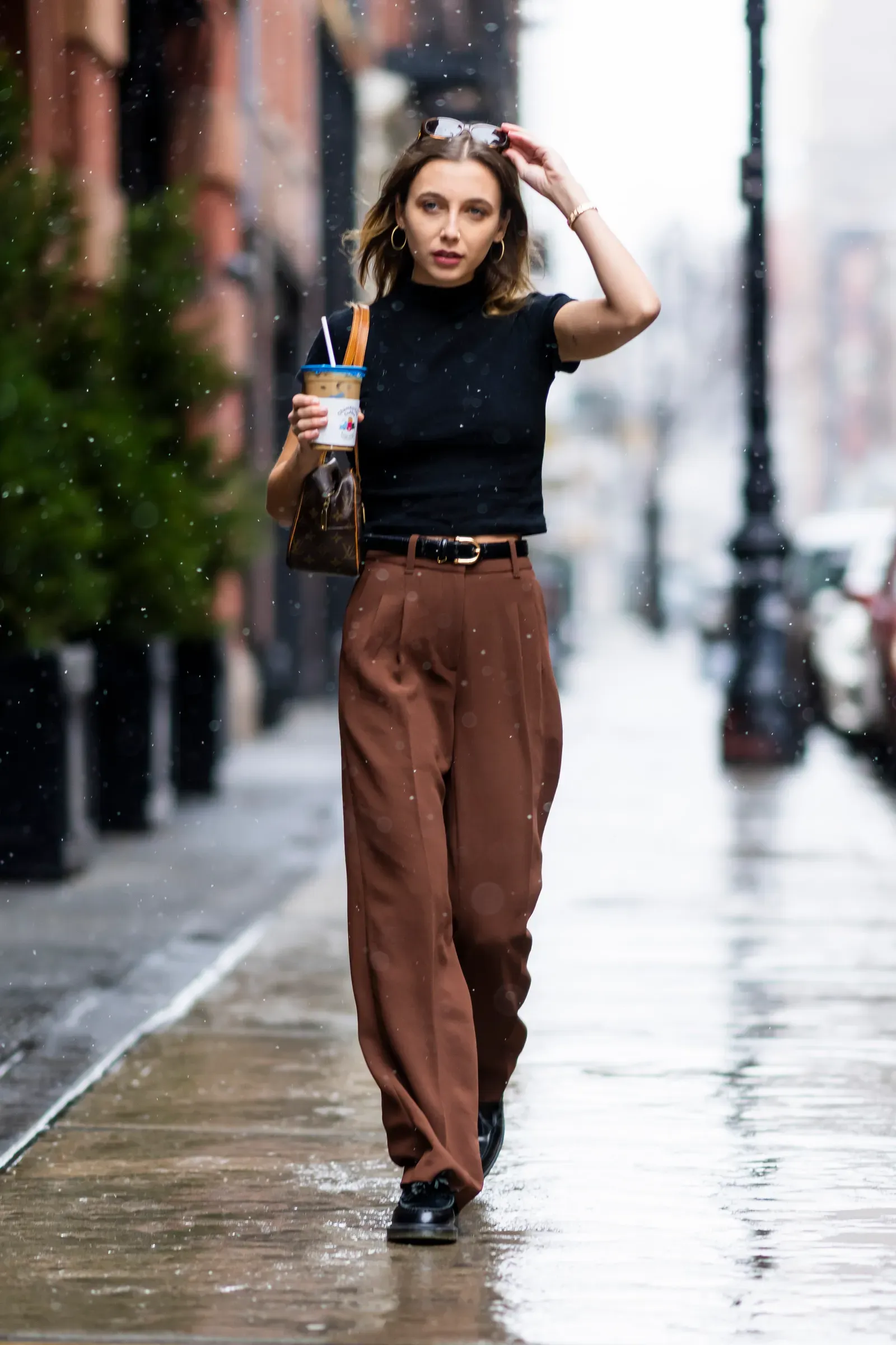 Modern Brown Wide-Leg Trousers with Black Mock Neck Top — Brown Outfits