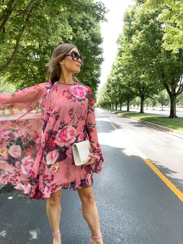 Spring Wedding Guest Attire: Pink Floral Mini Dress with Heels Spring Wedding Guest Attire: Pink Floral Mini Dress with Heels — Floral Dress Outfits