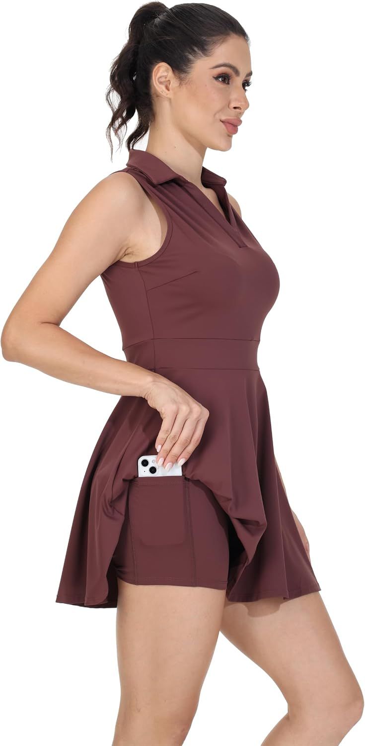 Brown Sleeveless Polo Dress with Built-in Shorts and Pockets — Tennis Dresses