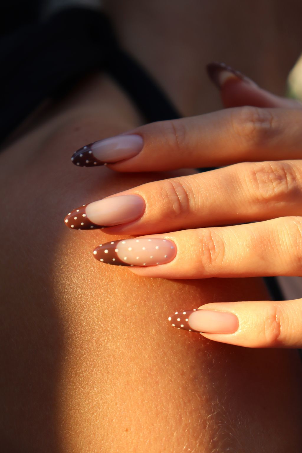 Nude French with Brown Polka Dot Tips Nude French with Brown Polka Dot Tips — Shellac Nails