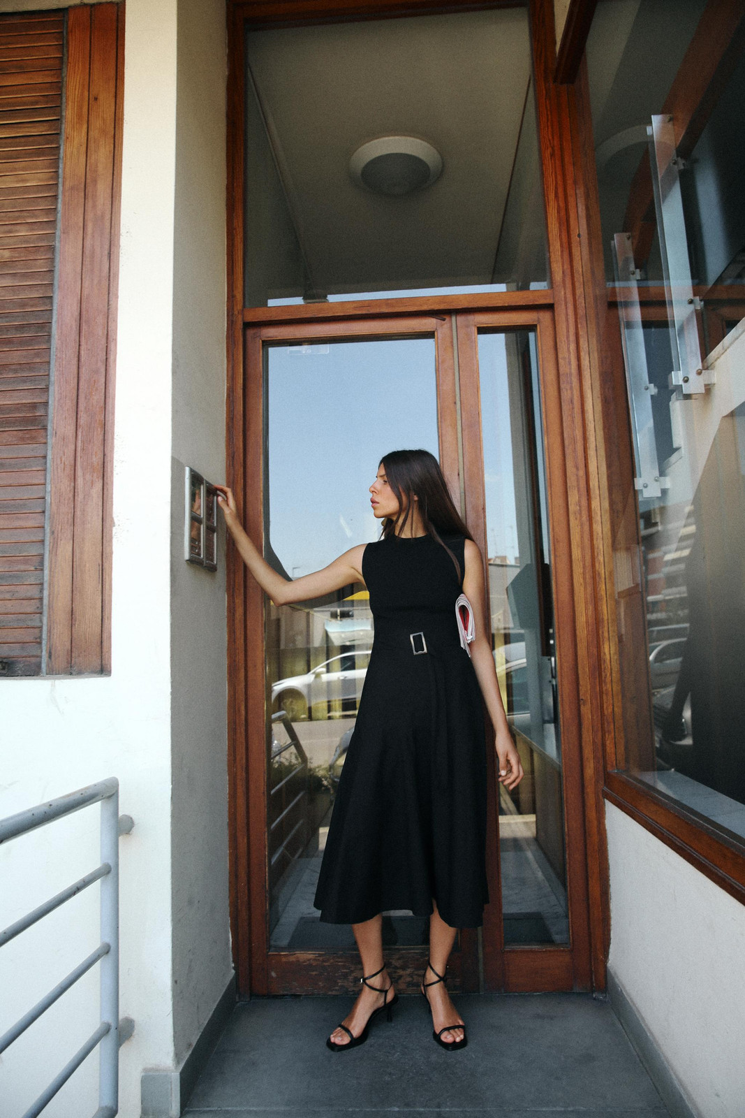 Black Fit-and-Flare Midi Dress with Buckle Detail — Work Dresses
