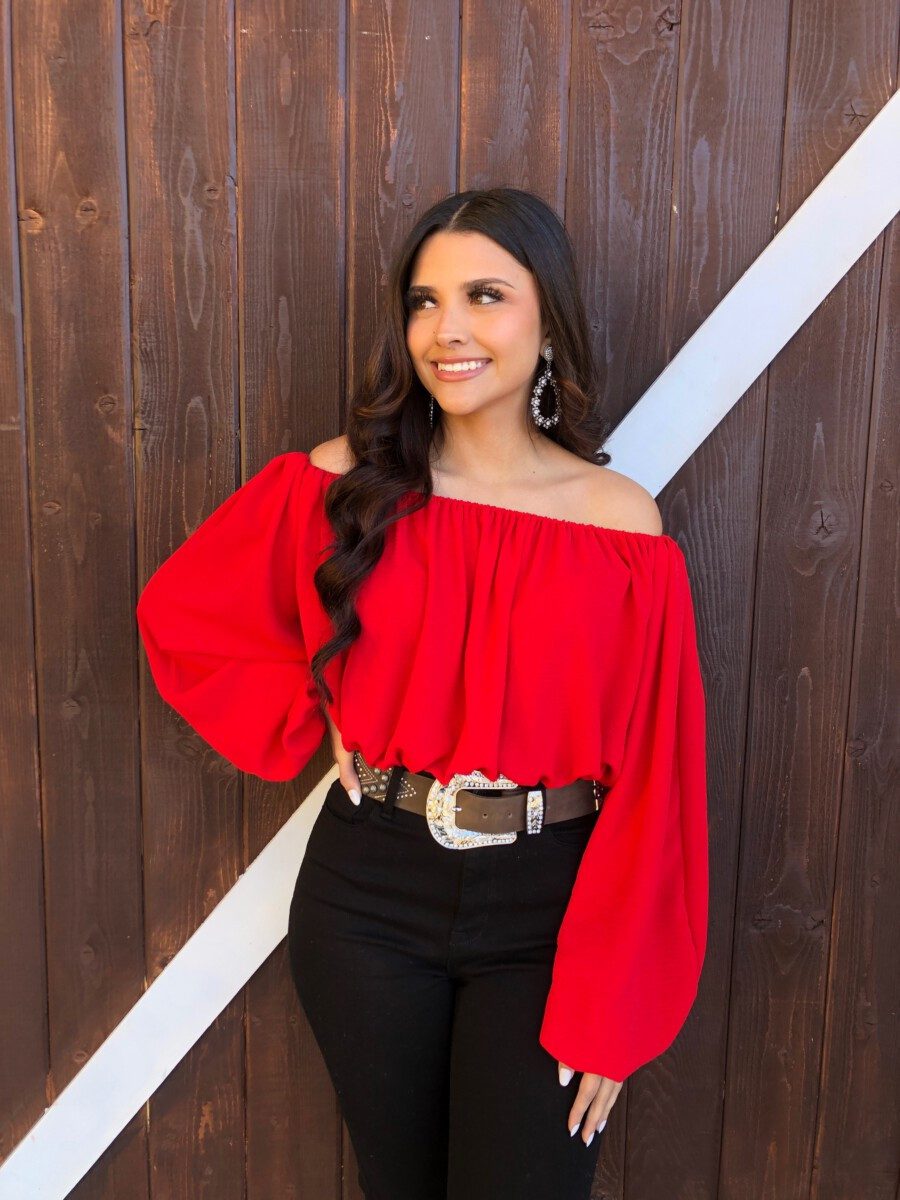 Vibrant Red Off-the-Shoulder Blouse with Balloon Sleeves and Belt — Off the Shoulder Tops