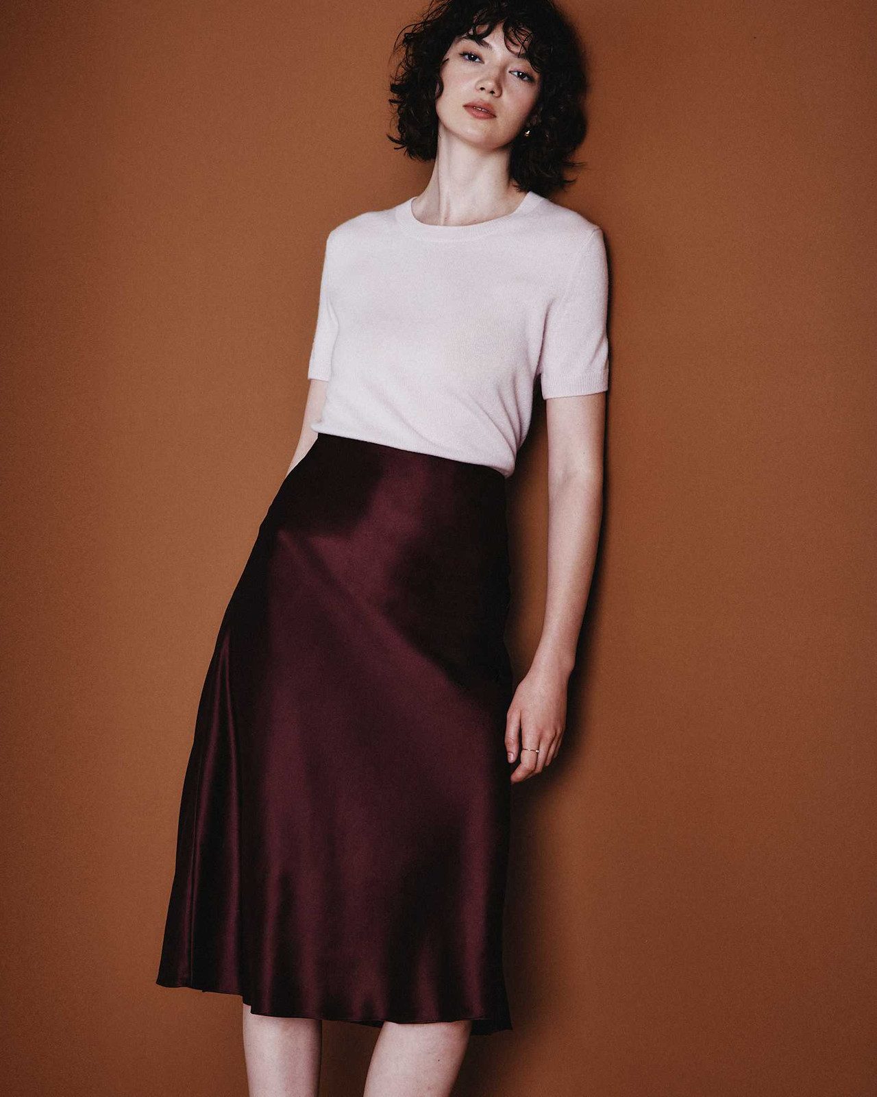 Burgundy Satin Midi Skirt with Pink Knit for Elegant Simplicity Burgundy Satin Midi Skirt with Pink Knit for Elegant Simplicity — Satin Skirts