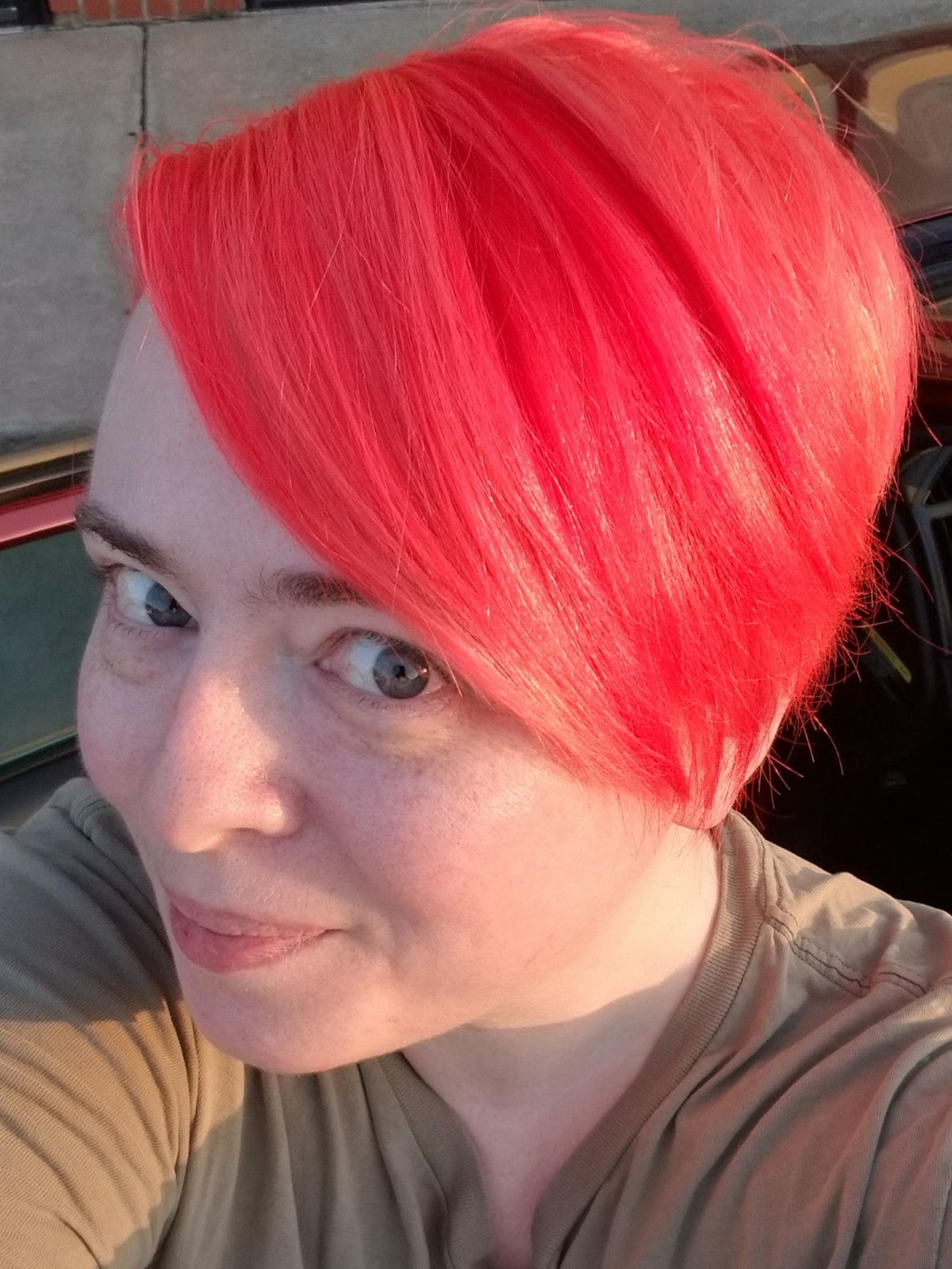 Bright Coral Bob with Textured Bangs — Coral Hair