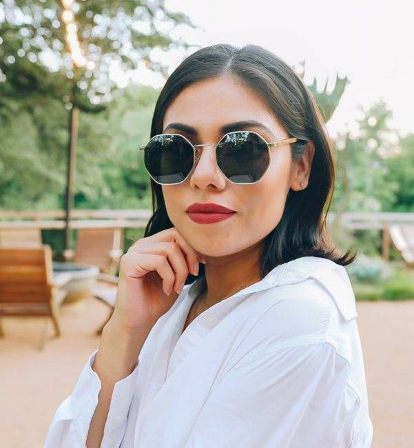Gold-Rimmed Octagonal Sunglasses with a Button-Up Shirt — Sunglasses for Round Face
