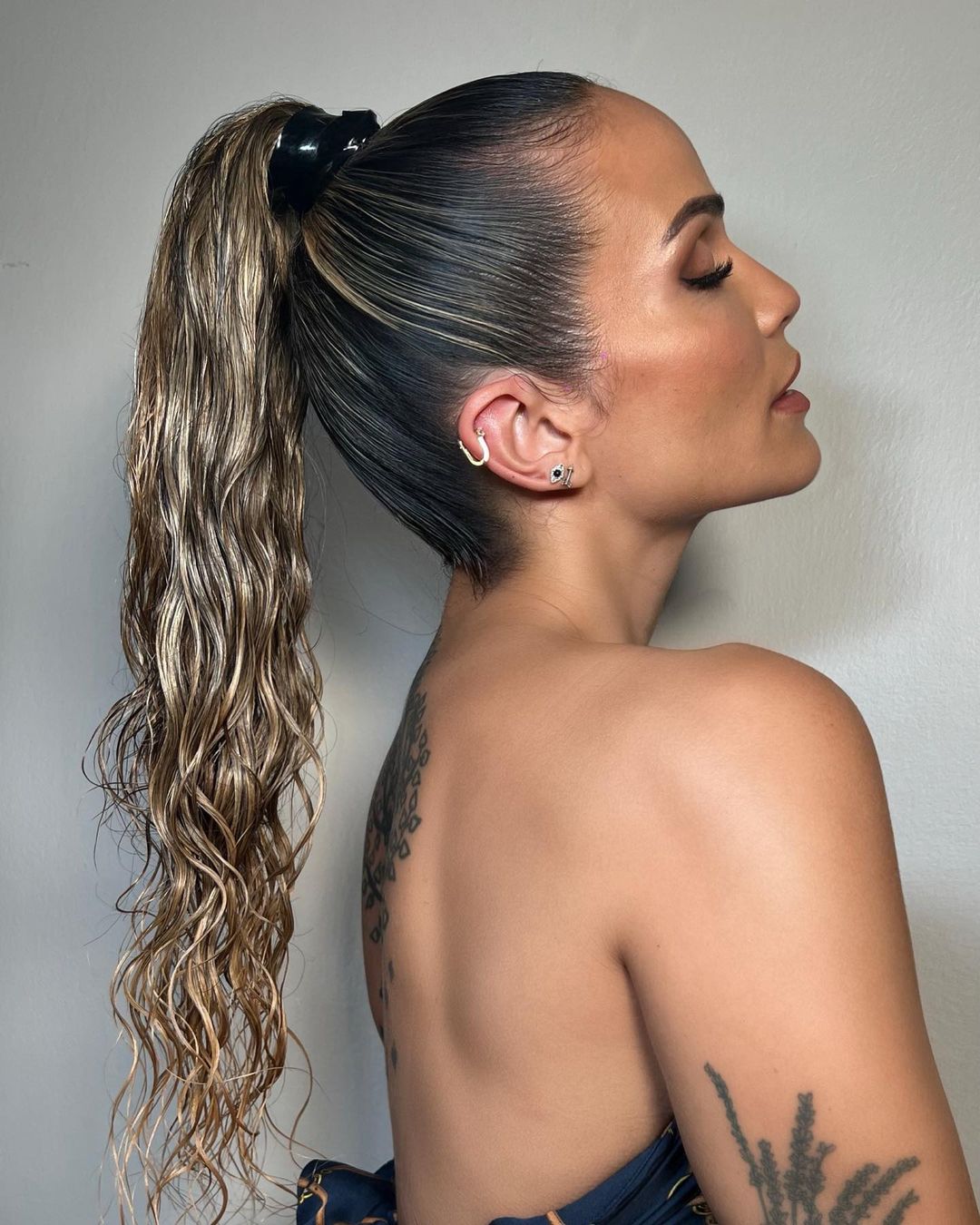 High Ponytail Wet Look With Highlights — Wet Look Hairstyles