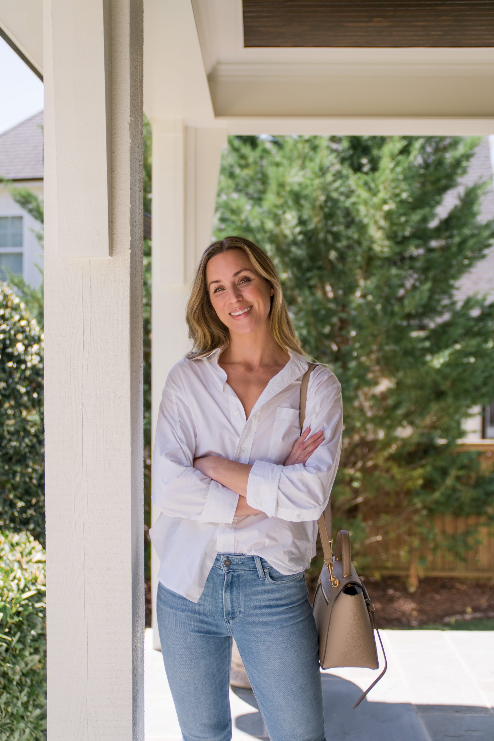 Off-the-Shoulder White Button-Up with Denim Mini Skirt for Summer Off-the-Shoulder White Button-Up with Denim Mini Skirt for Summer — Button Up Shirt Outfits