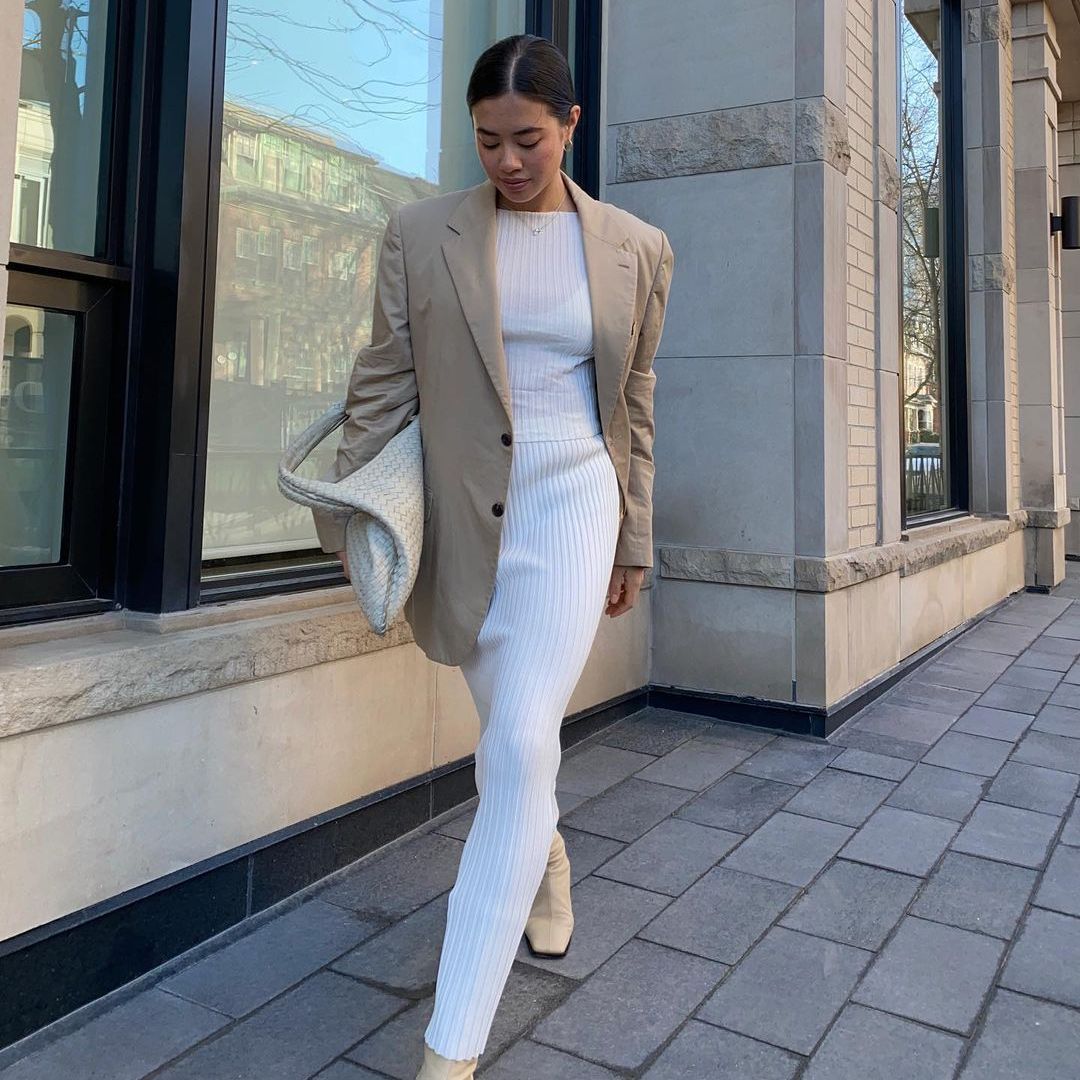 Beige Oversized Blazer Over a White Ribbed Knit Dress Beige Oversized Blazer Over a White Ribbed Knit Dress — Two Piece Sets