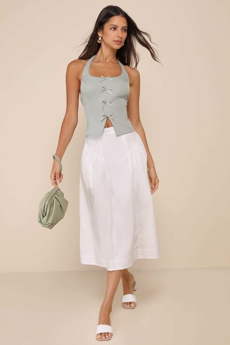 Crisp White A-Line Midi Skirt with Halter Top — A Line Skirts