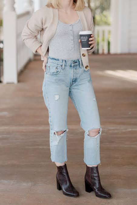 Ribbed Henley Bodysuit with Ripped Jeans and Cardigan — Bodysuit Outfits