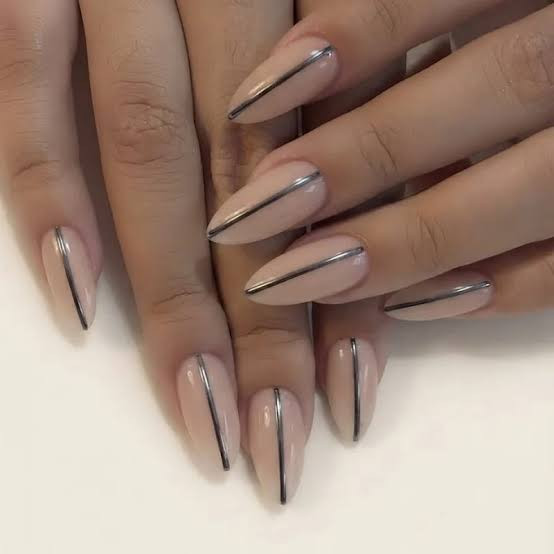 Pale Nude Base Metallic Silver Lines Visual Idea Pale Nude Base Metallic Silver Lines Visual Idea — Line Art Nails