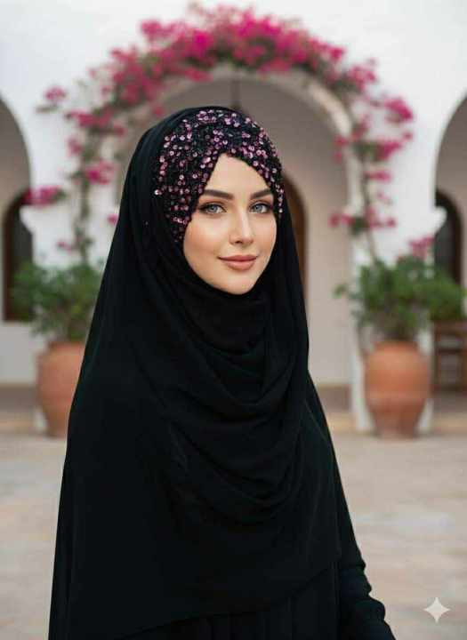 Black Hijab With Pink Sequin And Jewel Embellishments — Formal Hijab Outfits
