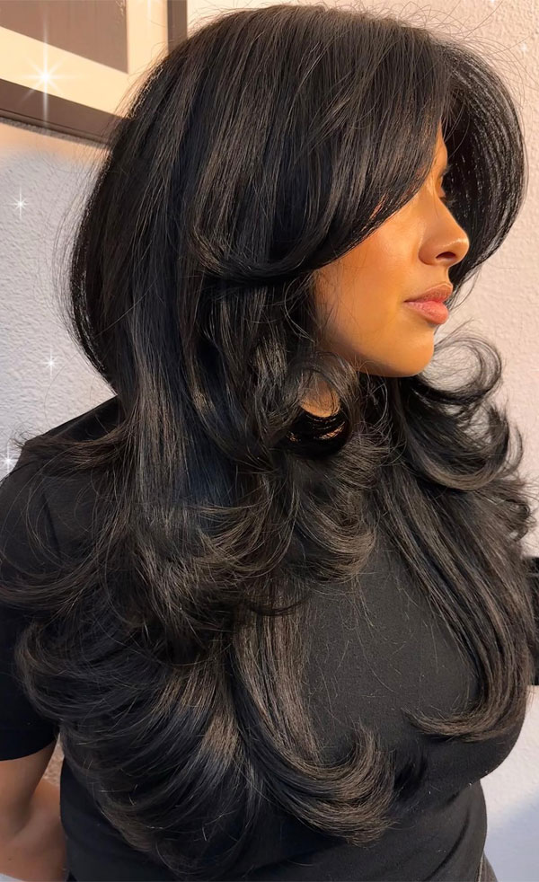 Midnight Black With Flipped Ends — Long Layered Hair
