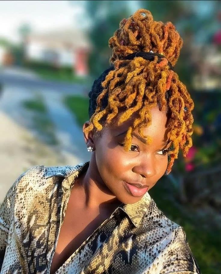 Honey Blonde Loc Bun with Dark Roots