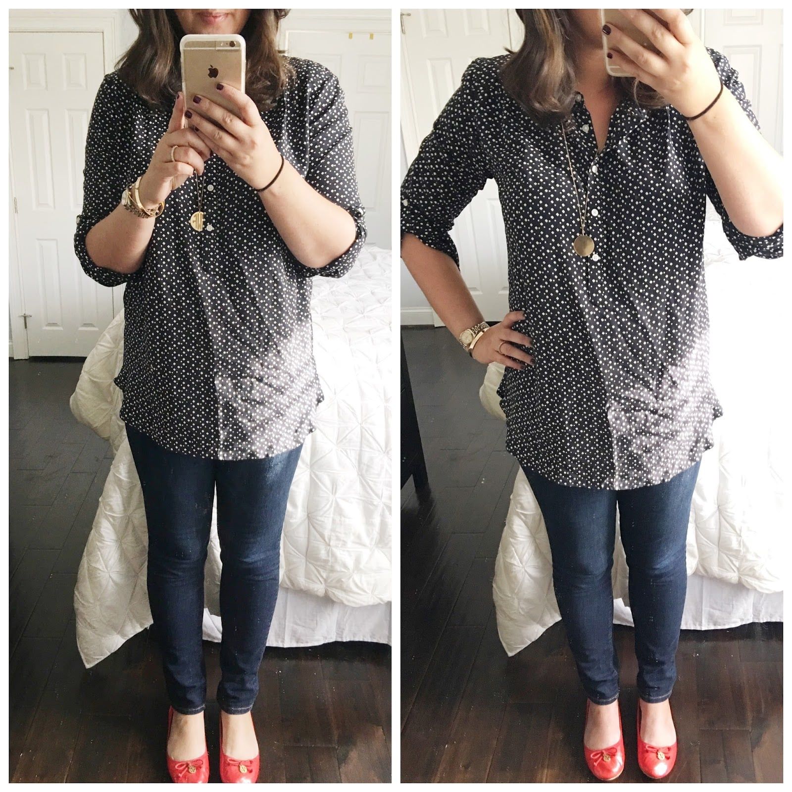 Polka Dot Shirt and Skinny Jeans for Classic Casual — Outfits for Mom Bod