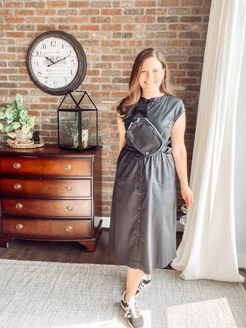 Dark Grey Button-Down Midi Dress with Grey Sneakers — Sneakers with Dress Outfits