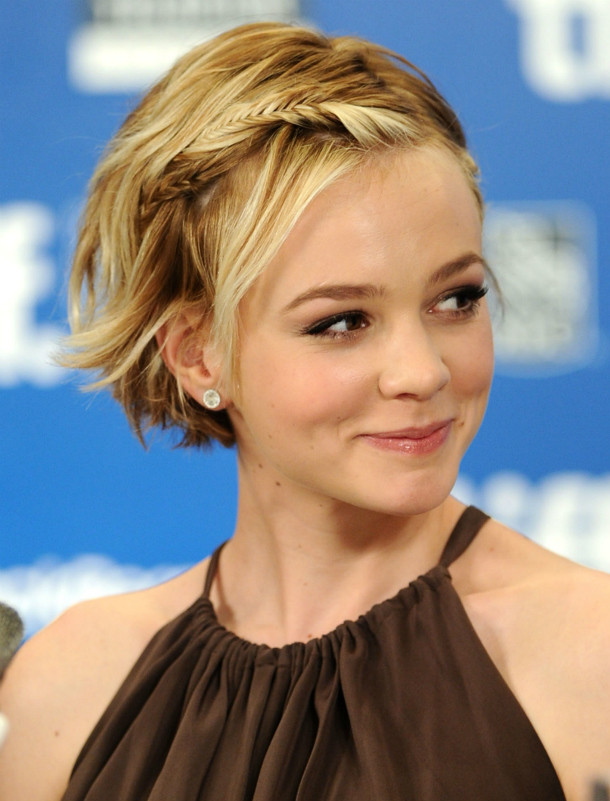 Short Wavy Blonde With Braided Accent — Hairstyles for Growing Out Bangs