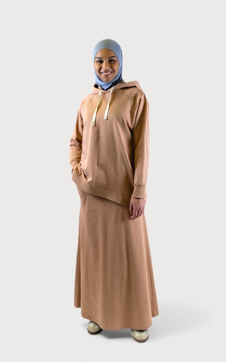 Relaxed Athleisure: Beige Hoodie and Maxi Skirt — Hijab Work Outfits