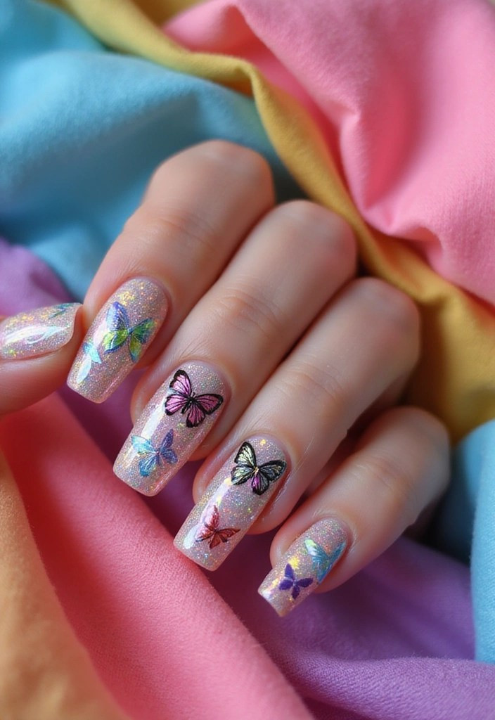 Colorful Butterfly Stickers Glitter Glossy Square Colorful Butterfly Stickers Glitter Glossy Square — Butterfly Nails