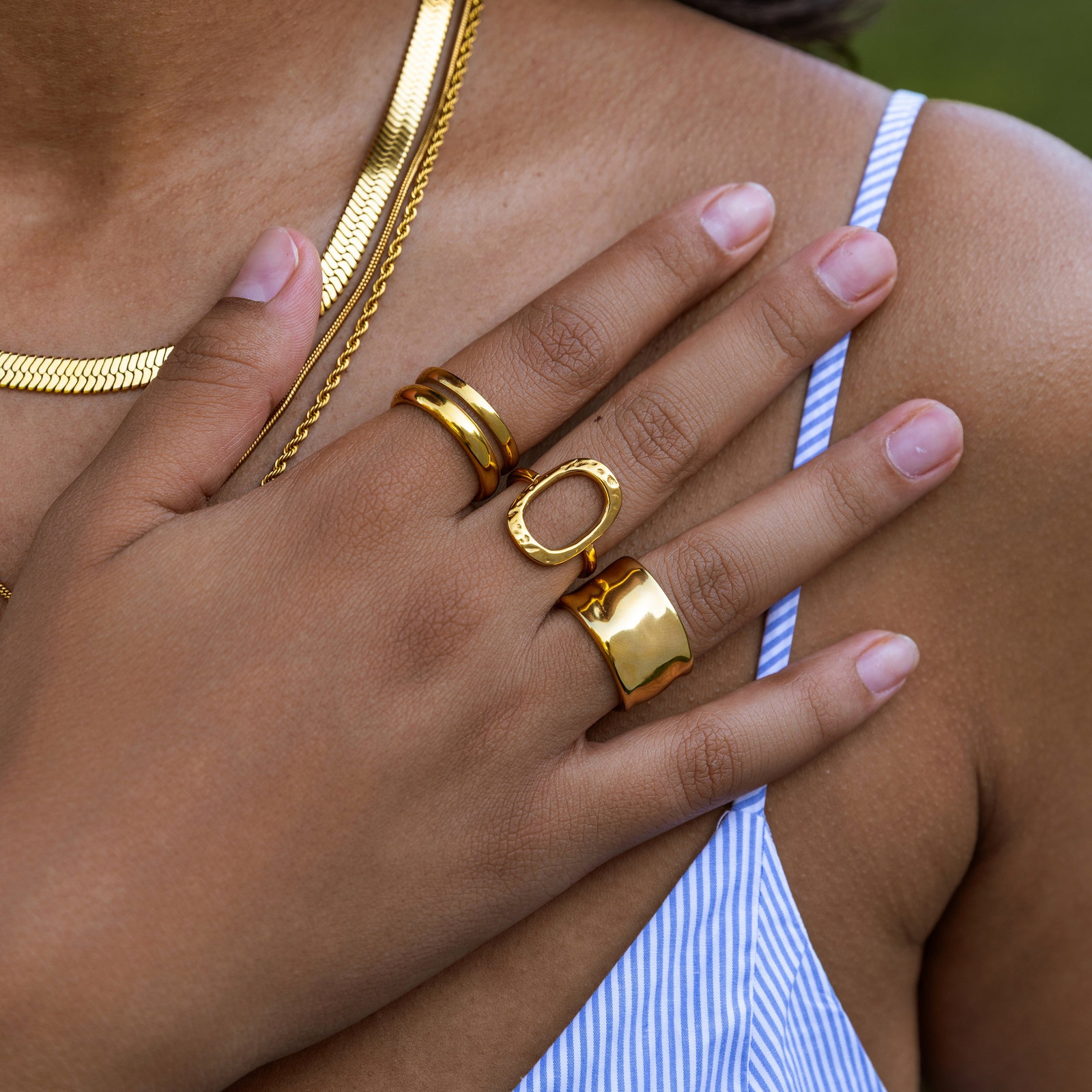 Statement Gold Ring Stack with Layered Necklaces — Gold Jewelry Stack
