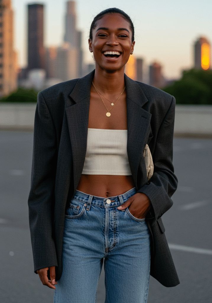 Oversized Blazer with Crop Top and Straight-Leg Jeans Oversized Blazer with Crop Top and Straight-Leg Jeans — Outfits for Women in Their 20s
