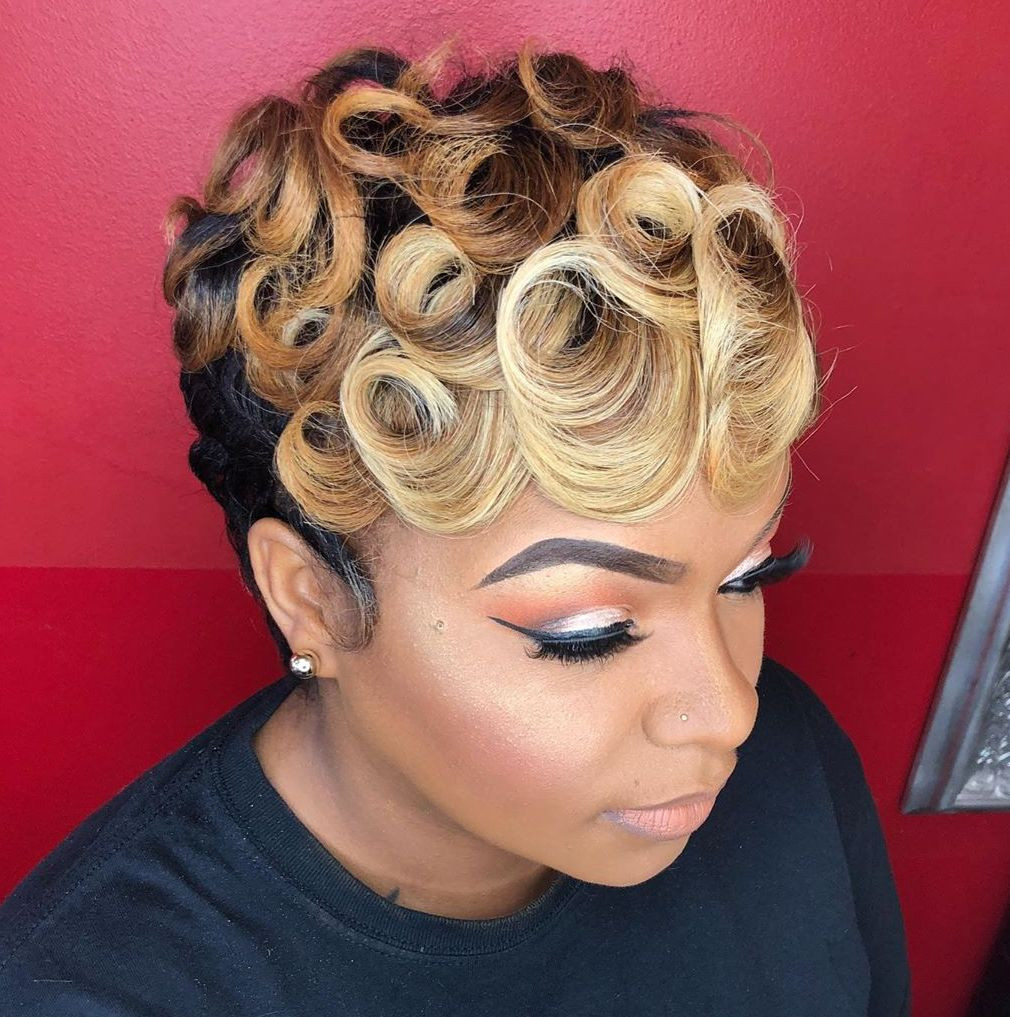 Pixie Cut With Blonde Curls On Top Pixie Cut With Blonde Curls On Top — Blonde Hair on Black Women