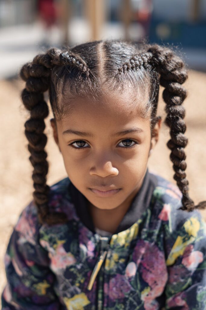 Thick Braided Ponytails On Coily Hair — Kids Cornrows
