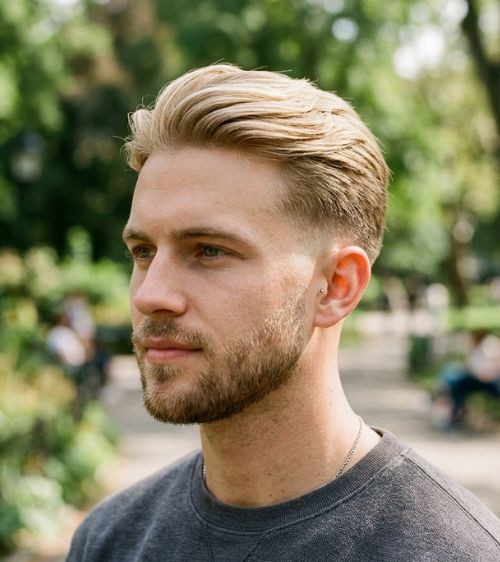 Shoulder Length Swept Back Blonde Shoulder Length Swept Back Blonde — Low Taper Fade Straight Hair