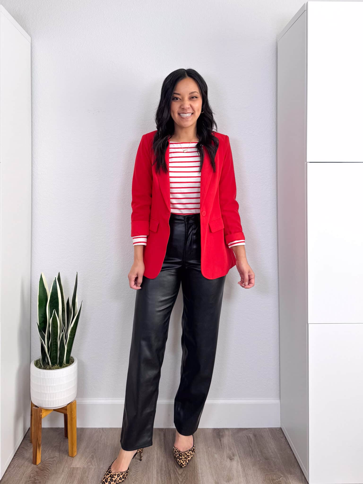 Smart Casual Red Blazer Over Striped Tee with Leather Pants — Red Outfits