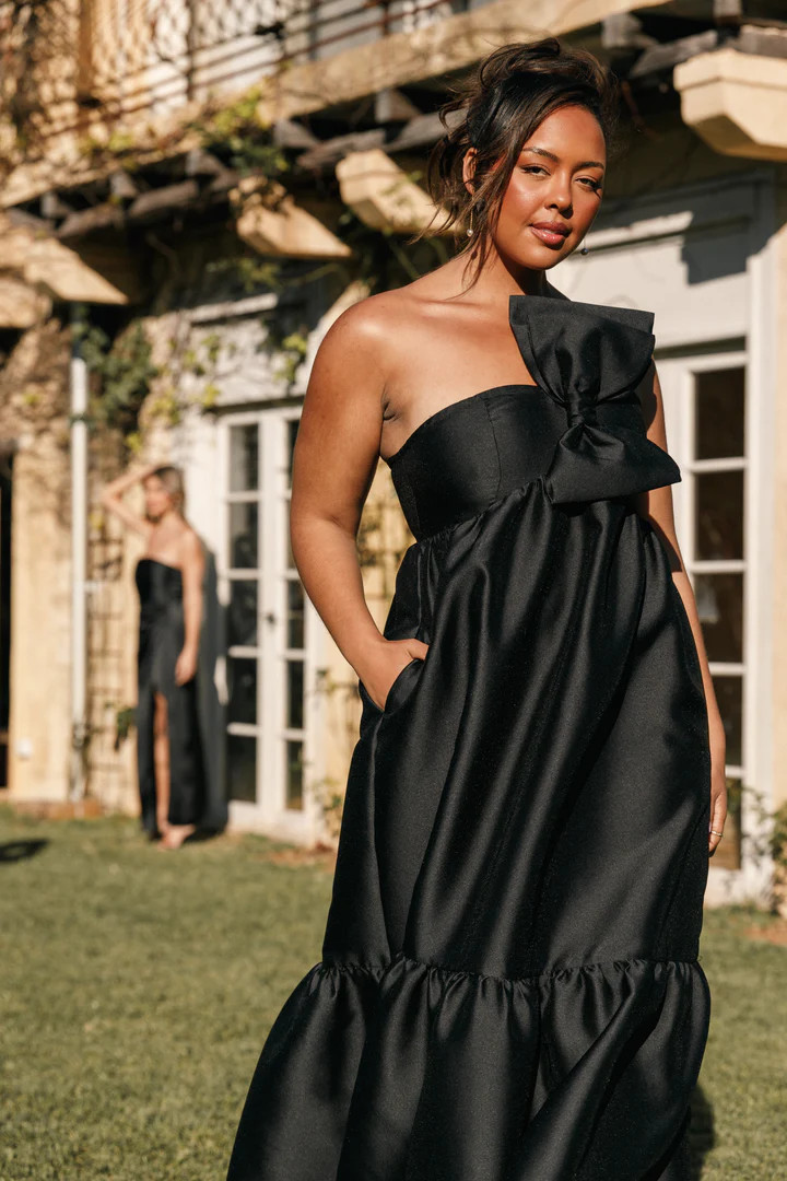 One-Shoulder Midi Dress with Oversized Bow Detail — Black Tie Dresses