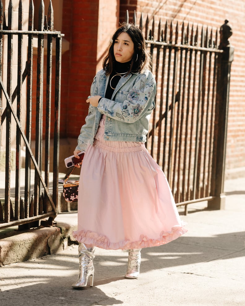 Embroidered Denim Jacket with Ruffled Dress and Metallic Boots Embroidered Denim Jacket with Ruffled Dress and Metallic Boots — Jean Jacket Outfits