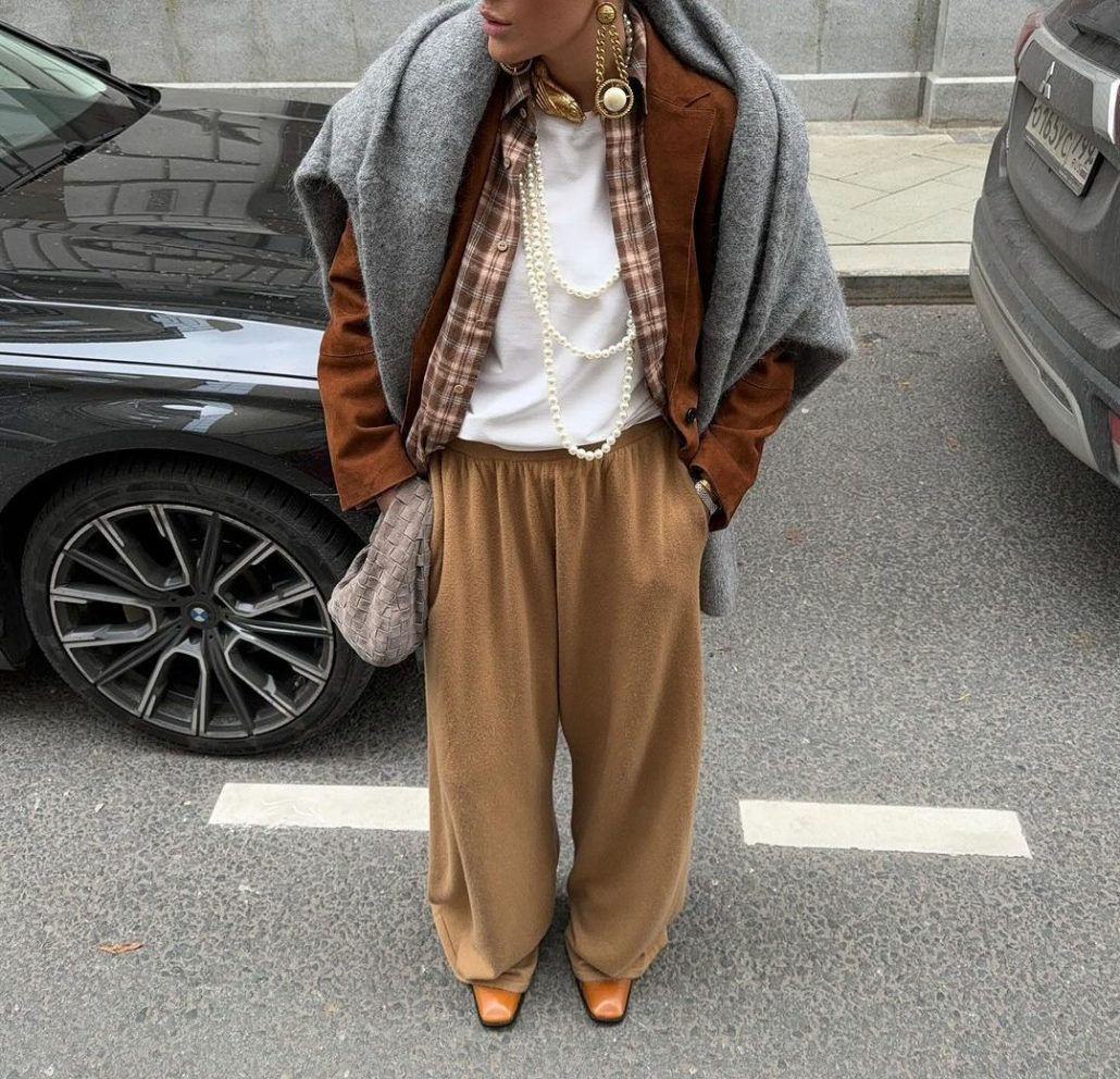 Suede Blazer, Pearl Necklaces, and Wide-Leg Trousers Suede Blazer, Pearl Necklaces, and Wide-Leg Trousers — Eclectic Grandpa Outfits