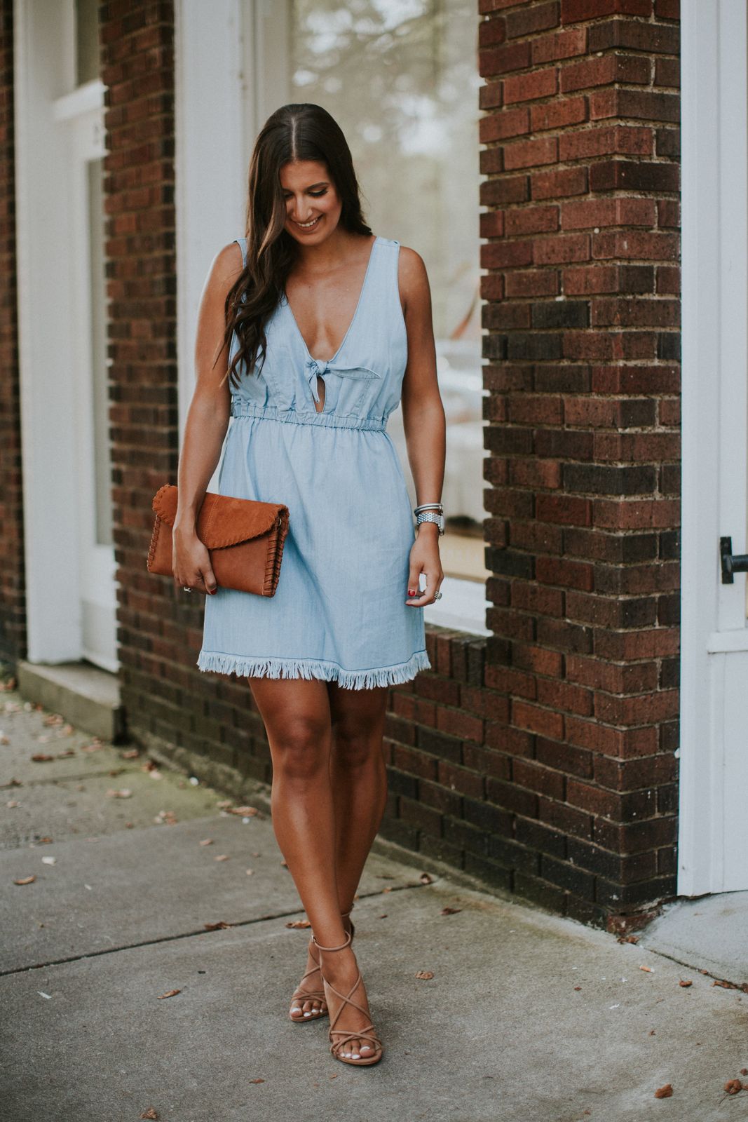 Chambray Mini Dress with Tie-Front and Fringe Chambray Mini Dress with Tie-Front and Fringe — Denim Dress Outfits