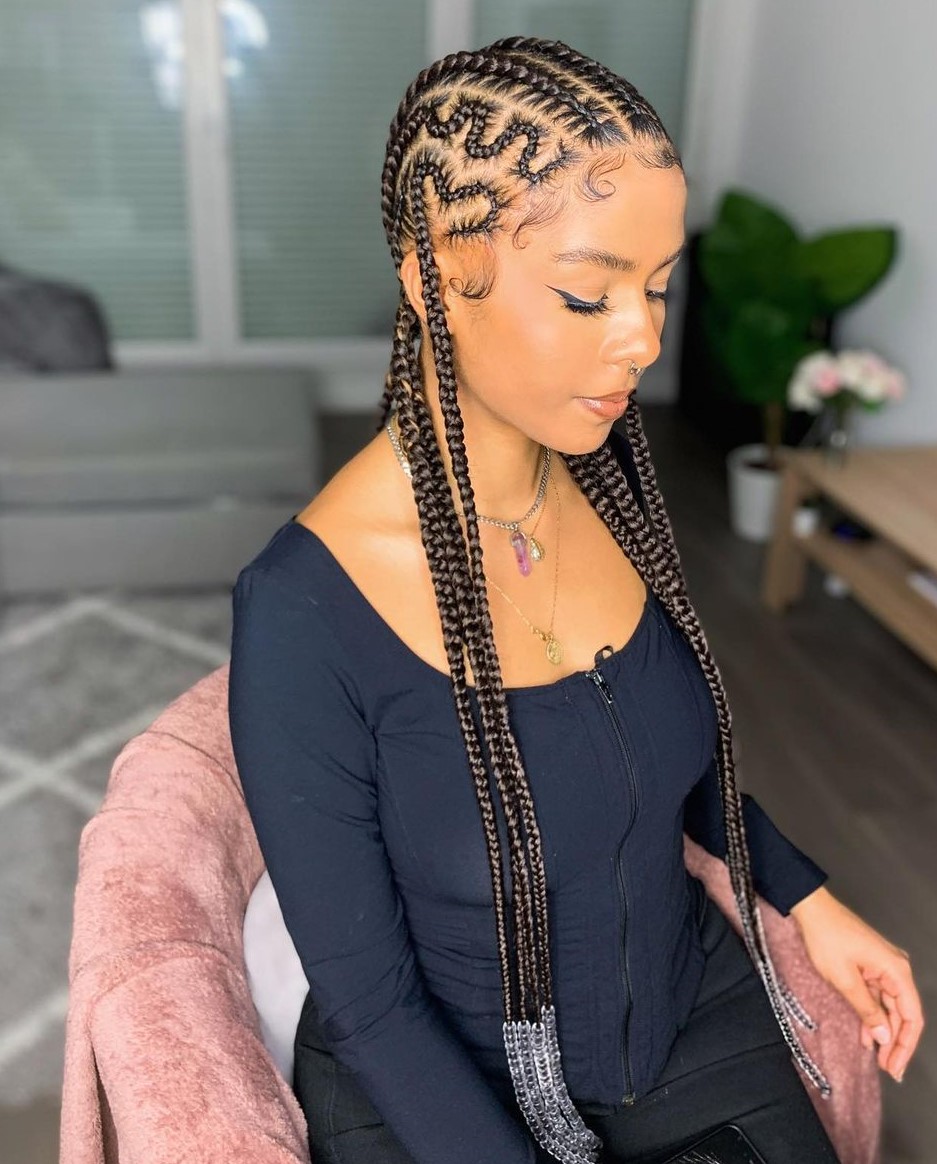 Dark Brown Braids With Geometric Crown Dark Brown Braids With Geometric Crown — Straight Back Braids