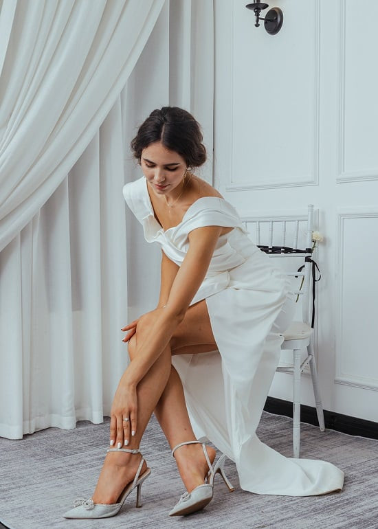 Glamorous Evening: Silver Embellished Heels with a White Off-the-Shoulder Dress Glamorous Evening: Silver Embellished Heels with a White Off-the-Shoulder Dress — Heels Outfits