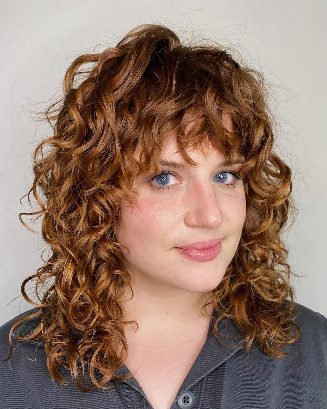 Auburn Mullet With Curtain Bangs Auburn Mullet With Curtain Bangs — Loose Perm