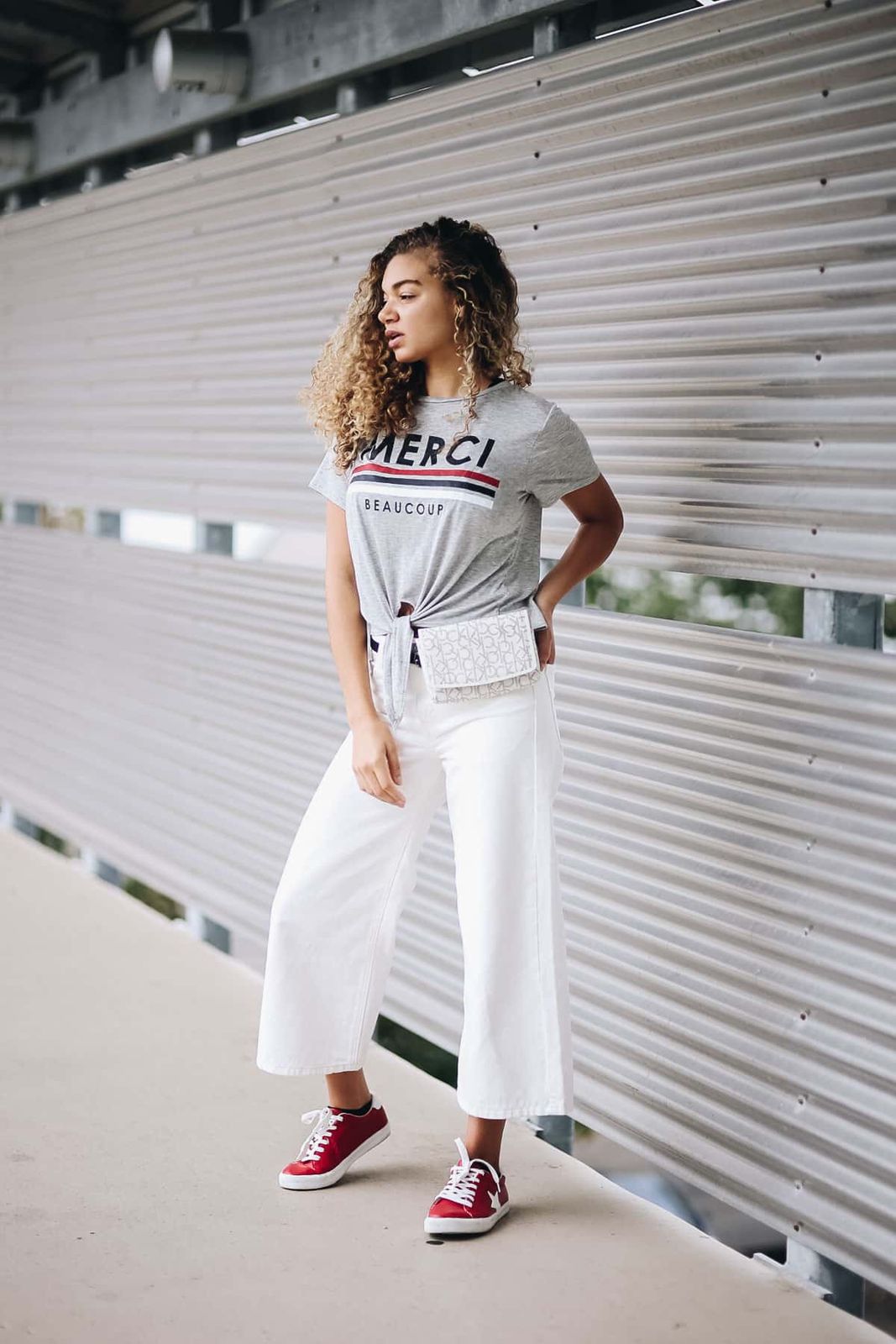 Patterned Belt Bag with Wide-Leg Culottes — Belt Bag Outfits
