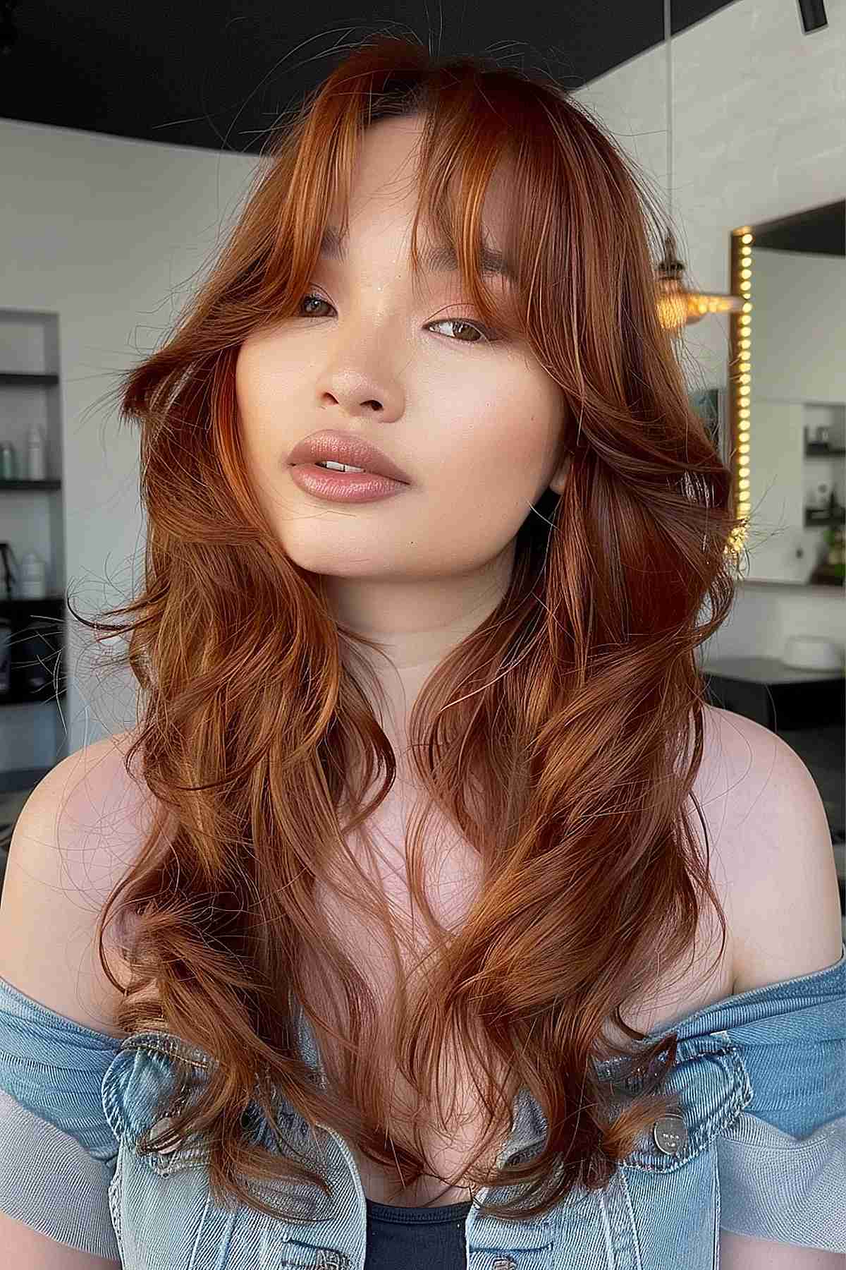 Copper Red Hair with Denim Off-the-Shoulder Top Copper Red Hair with Denim Off-the-Shoulder Top — Curtain Bangs
