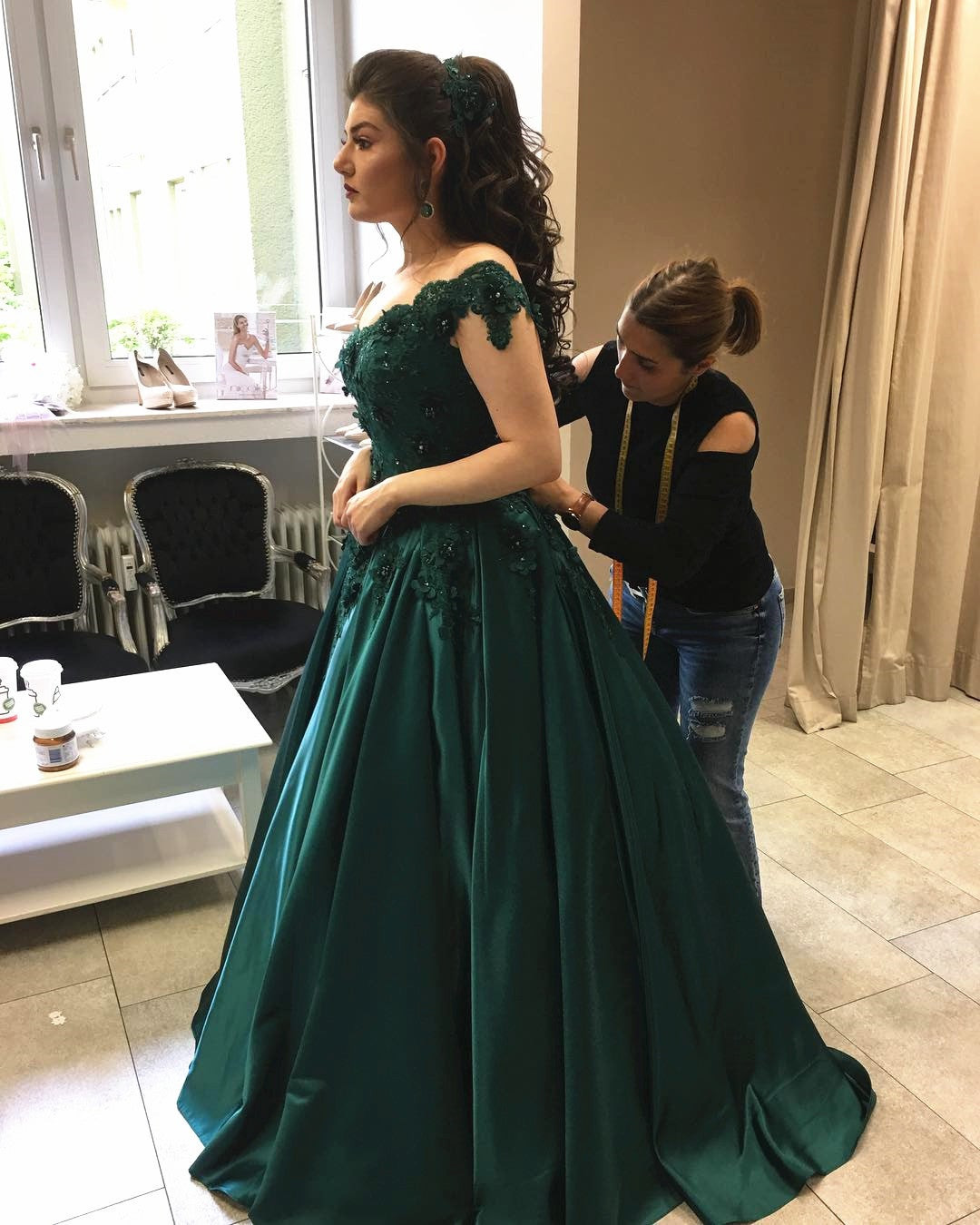 Emerald Green Satin Ballgown with Lace Details — Engagement Photo Dresses