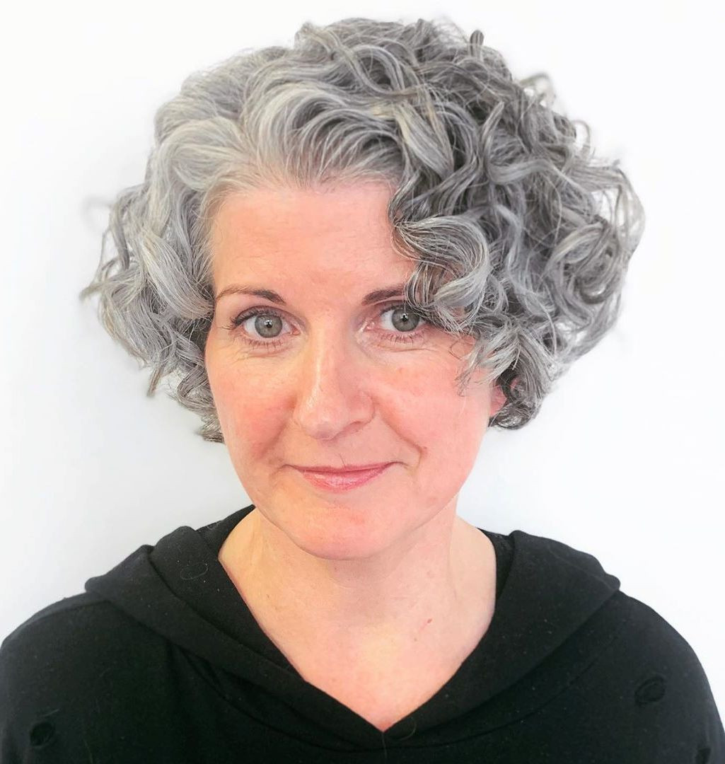 Naturally Curly Gray Bob With Side Part