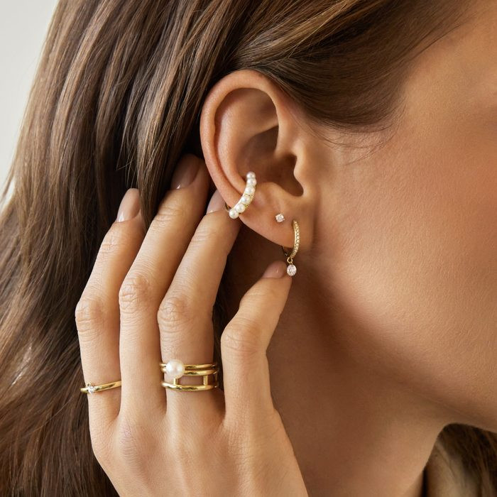 Pearl-Embellished Gold Ear Cuff with Mixed Earrings Pearl-Embellished Gold Ear Cuff with Mixed Earrings — Ear Cuffs