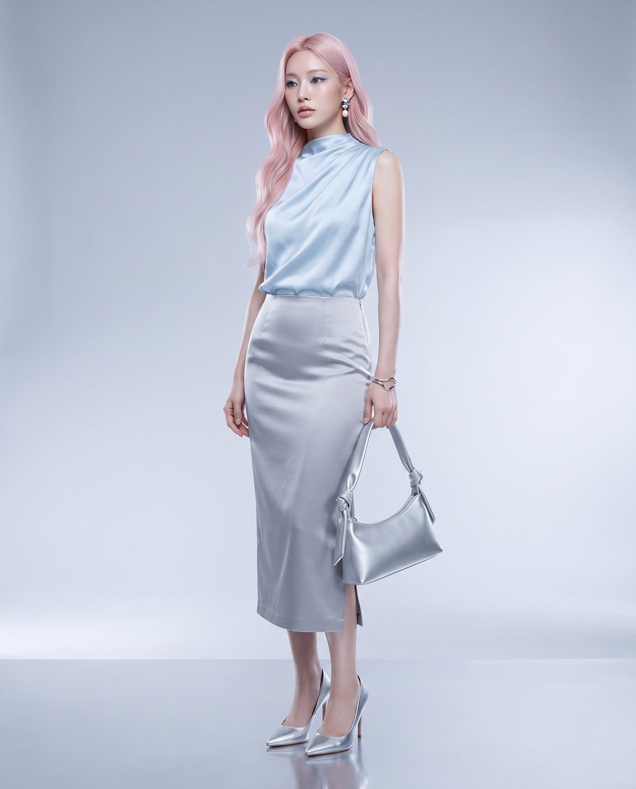 Satin Elegance: Pastel Top with Silver Pencil Skirt — Seoul Outfits